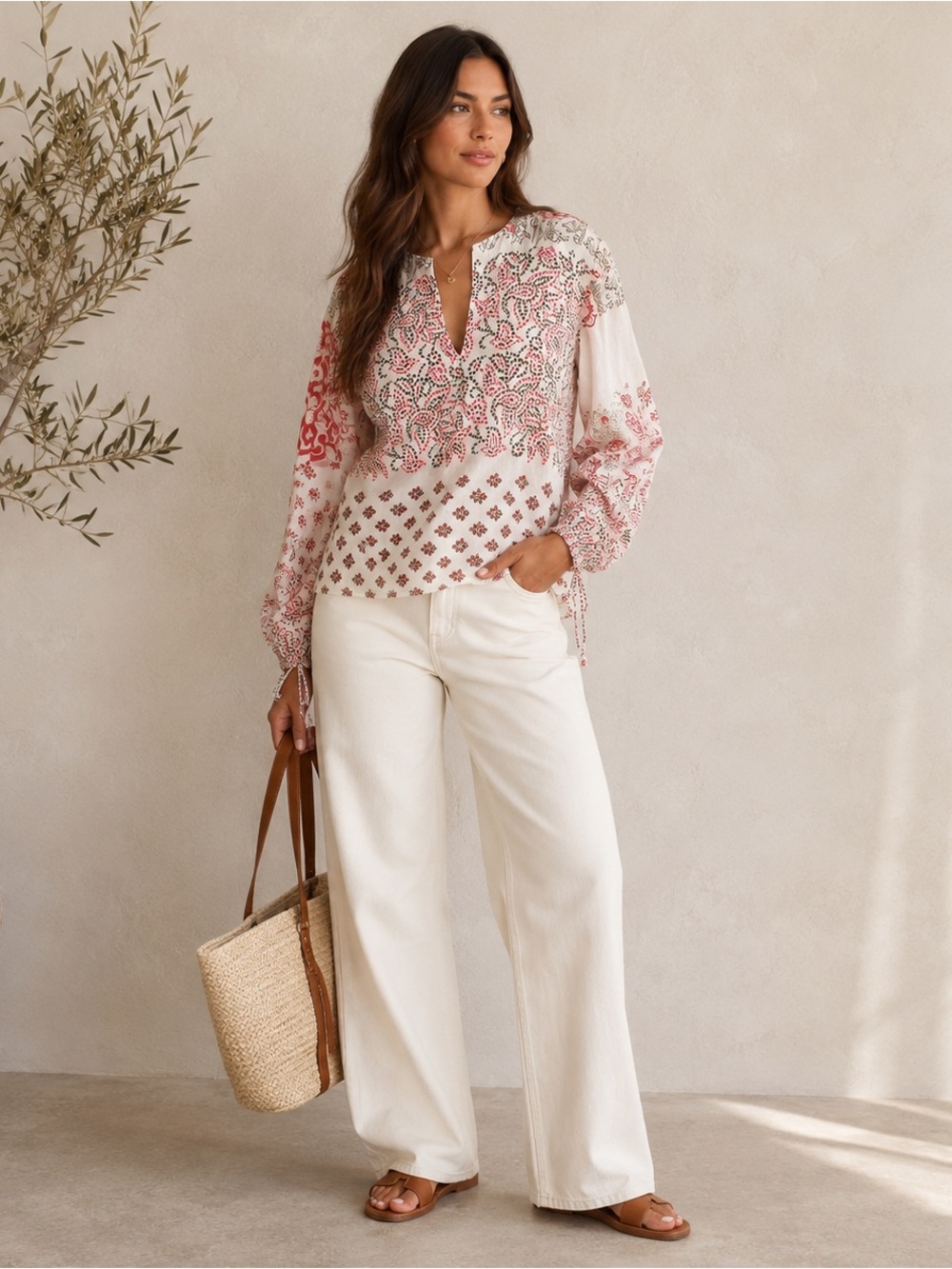 Antik Batik Split Neck Boho Blouse Medium Ivory Red Floral Print Tie Sleeve